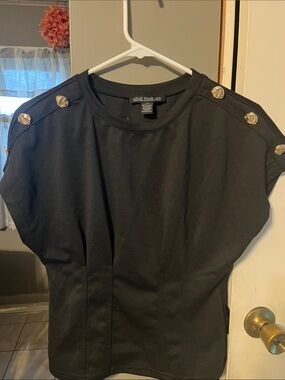 Black Short Sleeve Top with Gold Button Details